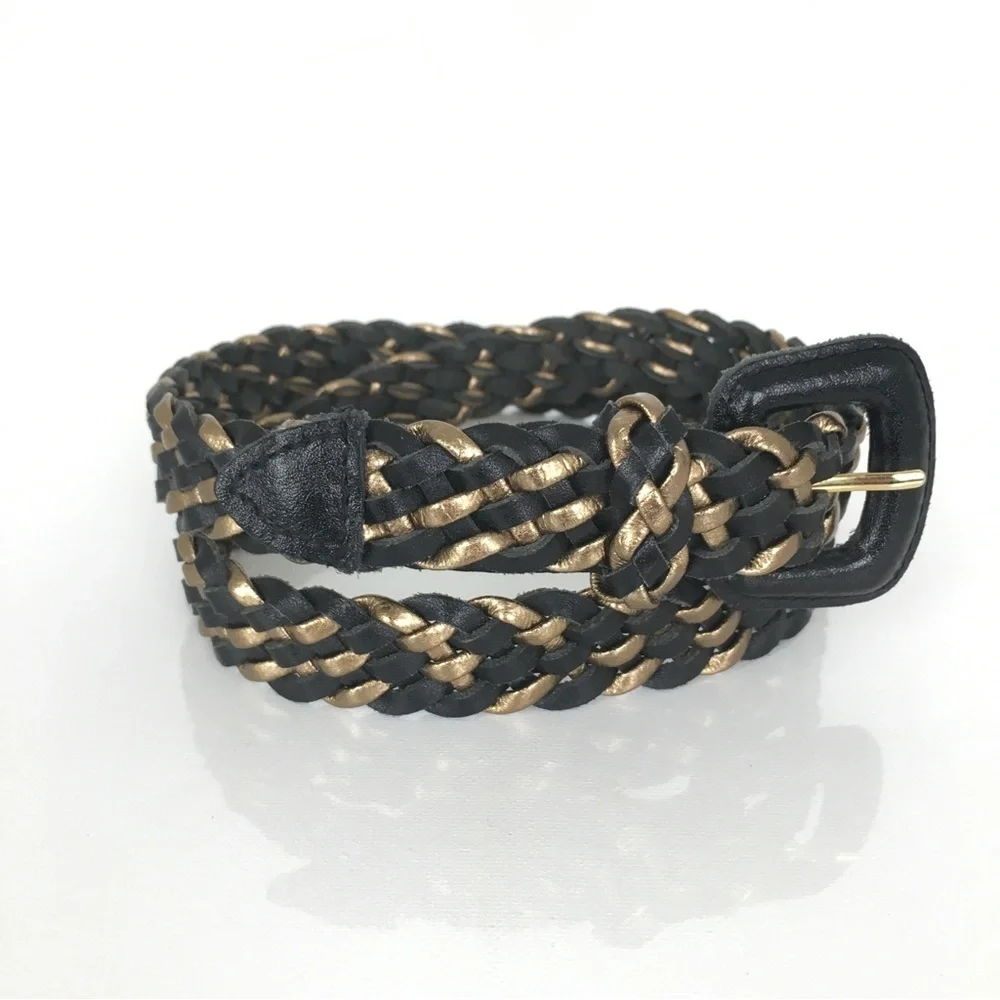 Vintage 80’s Woven Leather Belt Black And Gold Retro Braided Women’s Size M